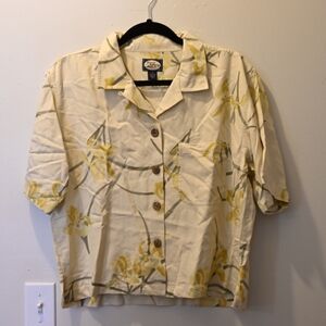 Tommy Bahama 100% Silk Floral Short Sleeve Polo Button Down Crop Shirt Medium